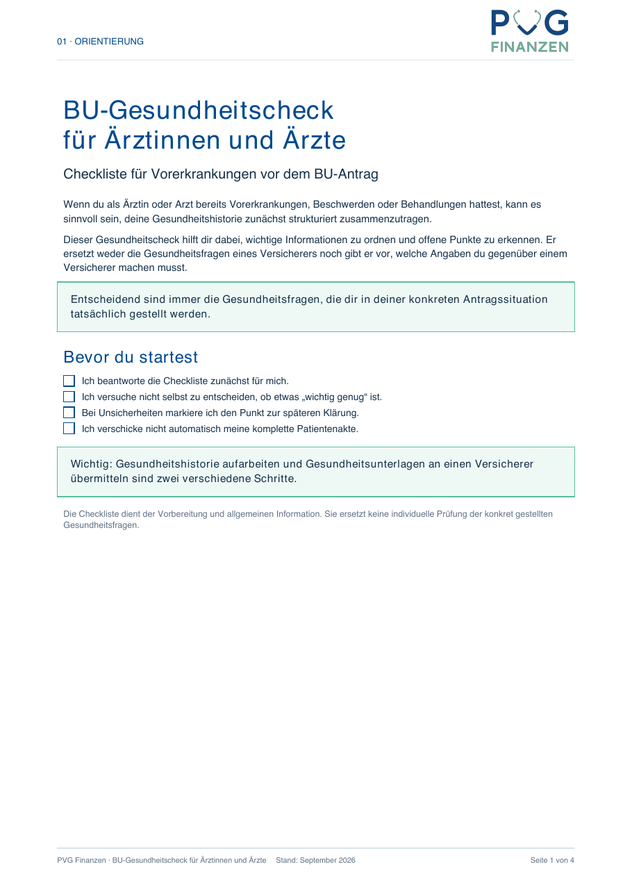 Vorschau der ersten Seite des BU-Gesundheitschecks für Ärztinnen und Ärzte
