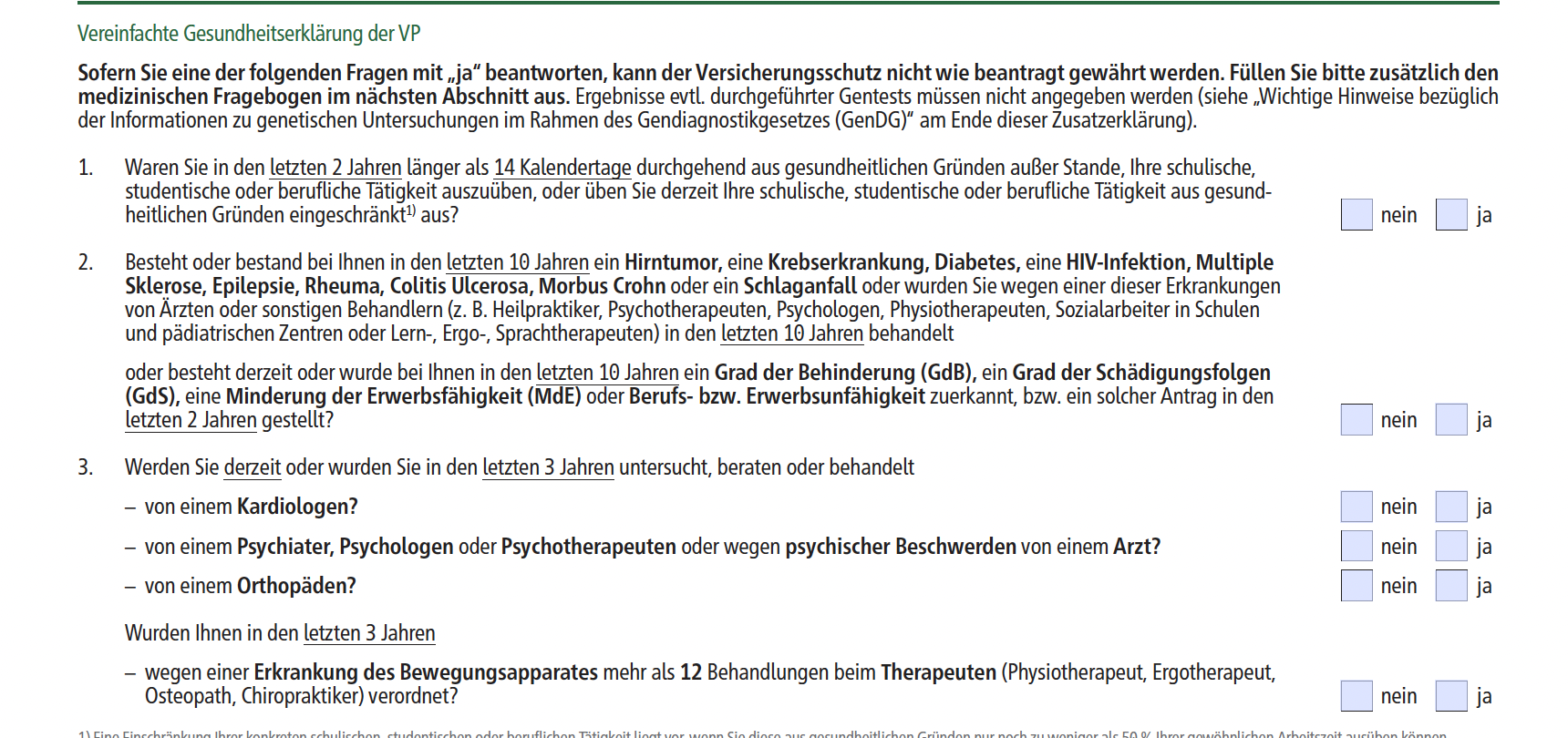 Auszug aus der vereinfachten Gesundheitserklärung der HDI mit Gesundheitsfragen