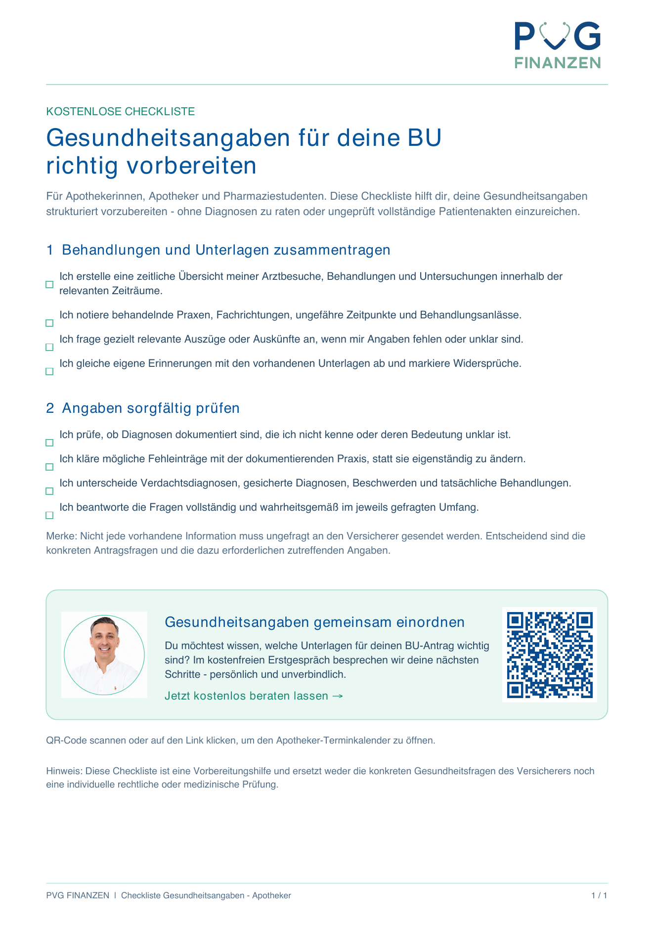 Vorschau der Gesundheits-Checkliste für Apothekerinnen, Apotheker und Pharmaziestudierende